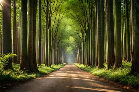 Premium AI Image | a road in the forest with a light on the right side.