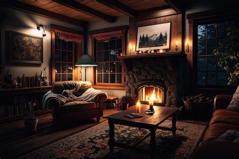Premium AI Image | A cozy living room with a fireplace and warm ...