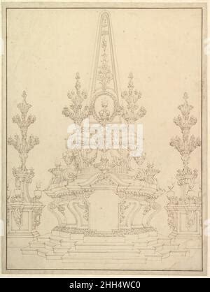 Elevation of a Catafalque: Two Pedestals with Candelabra at Sides; with Central Obelisk ...