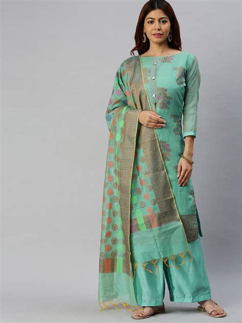 Turquoise floral print banarasi silk salwar - Kimisha - 3536860