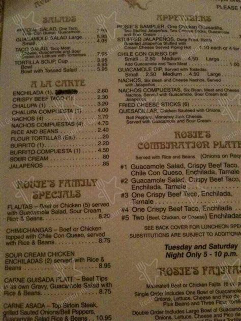 Menu at Rosie's Tamale House restaurant, Bee Cave, State Hwy 71