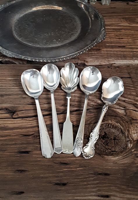 Sugar Spoon Mixed Lot of Five Vintage Silver Plated Sugar Spoons French Farmhouse Silverware ...