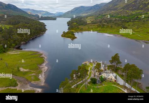 Aerial view along Glen Affric towards Glen Affric Lodge on Glen Affric Estate and Loch Affric ...