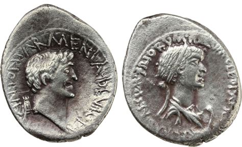 Cleopatra and Mark Anthony. AR Denarius, 32 BC, mint moving with Mark ...