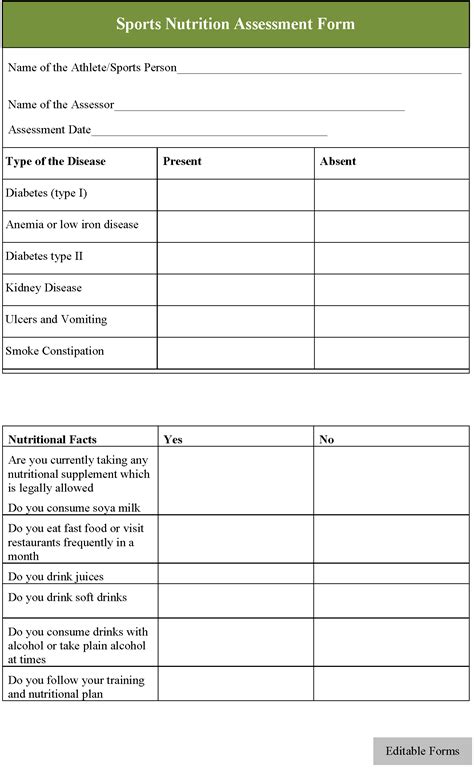 Sports Nutrition Assessment Form - Editable Forms