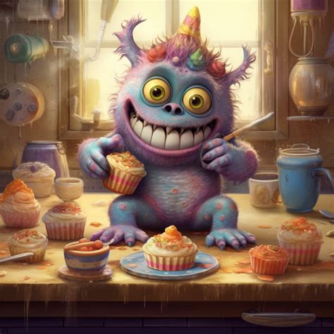 CUTE LITTLE MONSTER eating cakes in the kitchen, muted colors, swirls, twists, twirls, metallic ...