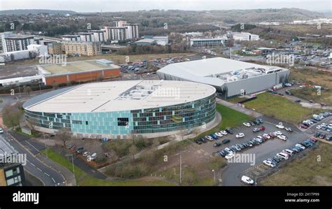 11 February 2024, Cardiff. Aerial view of the Vindico Arena and Cardiff International Pool and ...