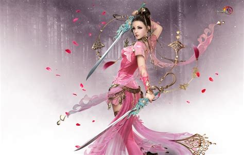 Wallpaper forest, look, girl, pose, pink, petals, swords, JX online for mobile and desktop ...