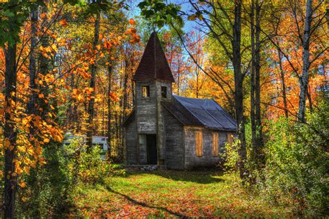 Download Fall Forest Abandoned Religious Church HD Wallpaper