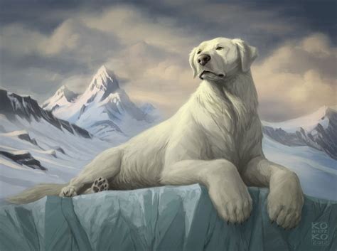 a painting of a polar bear sitting on an iceberg with mountains in the ...