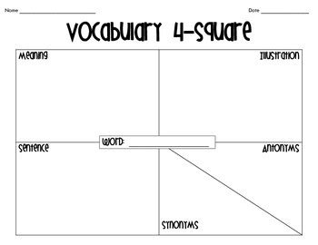 Vocabulary 4-Square Graphic Organizer by Thinking about Third | TpT