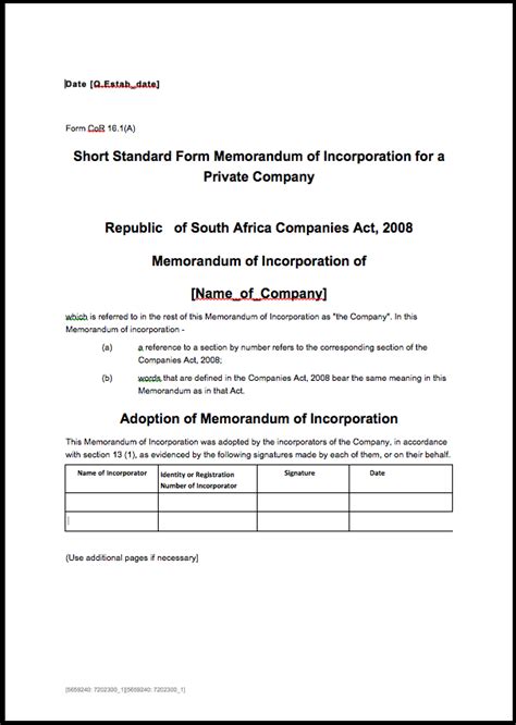 Memorandum of Incorporation - Amend, Convert, Draft