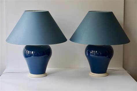 One of Two Ceramic Lamps in White and Blue For Sale at 1stDibs