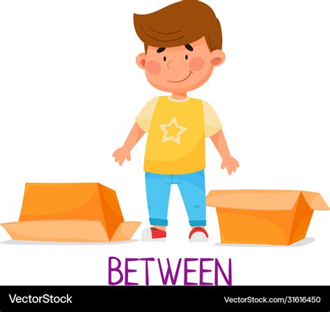 Cheerful boy standing between carton boxes Vector Image