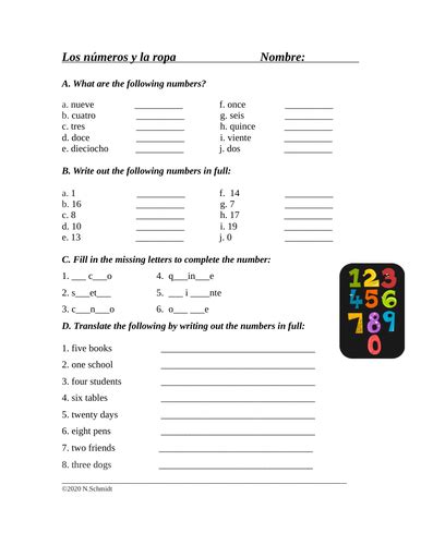 Spanish Numbers Worksheet: Los Números (0-20) | Teaching Resources