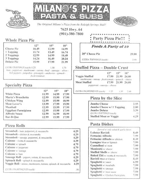 Milano's Pizza Menu, Menu for Milano's Pizza, Bartlett, Memphis ...