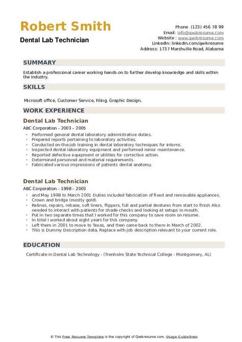 Dental Lab Technician Resume Samples | QwikResume