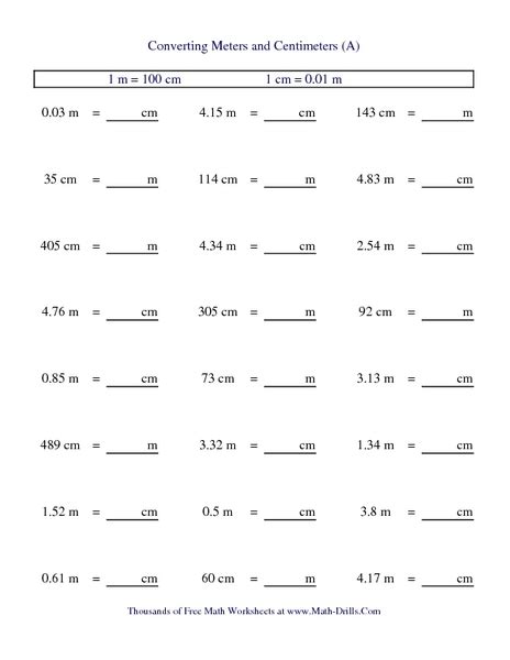 Converting Meters and Centimeters (A) Worksheet for 5th - 6th Grade ...