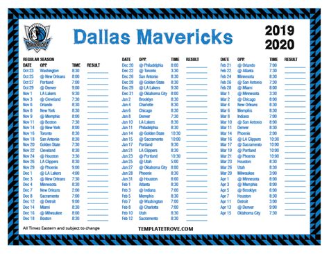 Printable 2019-2020 Dallas Mavericks Schedule