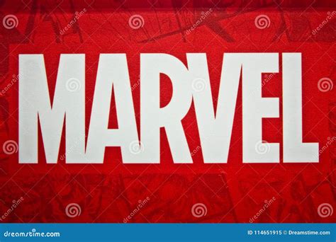 Marvel Logo Sign Printed on Banner. Marvel Comics Group is a Publisher of American Comic Books ...