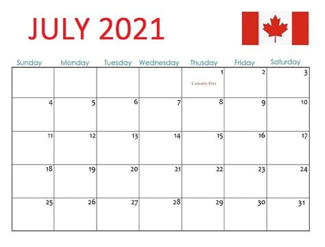 July 2021 Canada Holidays Calendar Calendar Usa, Calendar 2019 ...