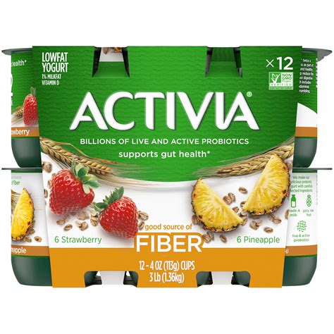 Activia Low Fat Fiber Probiotic Strawberry & Pineapple Variety Pack Yogurt, 4 Oz. Cups, 12 Count ...