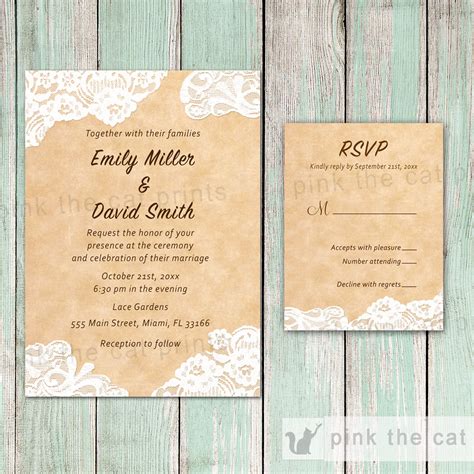 Lace Rustic Wedding Invitations & RSVP Cards 2 – Pink The Cat