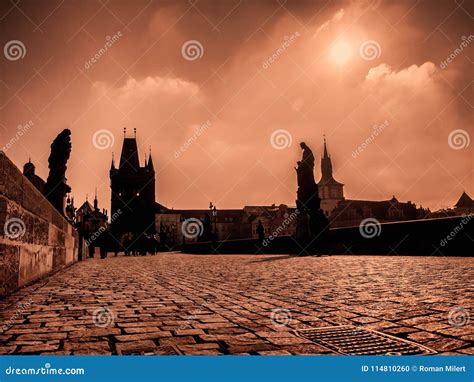 Charles Bridge in Prague at Sunrise Stock Photo - Image of tourists ...