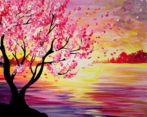 Sunset Cherry Blossoms at Joes Crab Shack - Paint Nite Events | Cherry blossom painting, Night ...