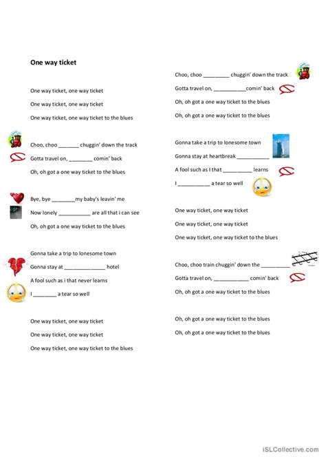 One way ticket song and nursery rhym…: English ESL worksheets pdf & doc