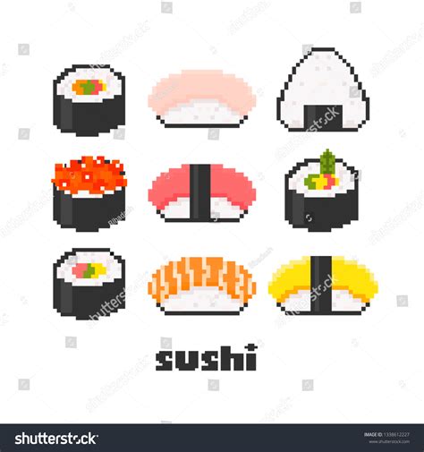 Various Tasty Sushi Pixel Art Hand: vector de stock (libre de regalías ...