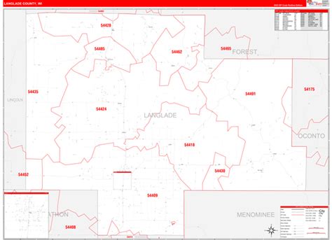 Langlade County, WI Zip Code Wall Map Red Line Style by MarketMAPS - MapSales