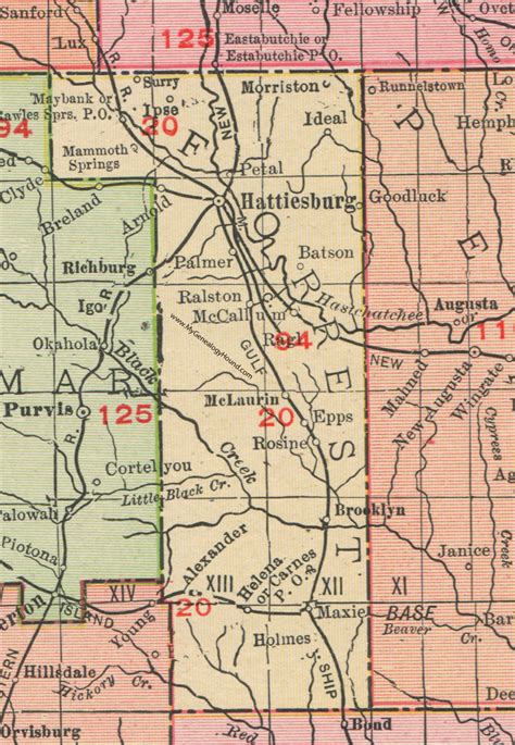 Forrest County, Mississippi, 1911, Map, Rand McNally, Hattiesburg, Petal, Brooklyn