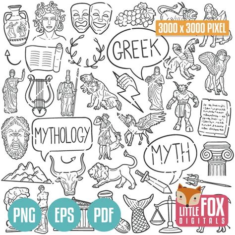 GREEK MYTHOLOGY, Doodle Icon Vectors. Ancient Gods Design Doodle Icons Clipart. Mythological ...