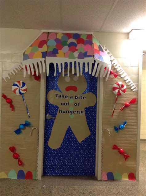 Canned food drive classroom door decorations. Gingerbread house and man. | Christmas door ...