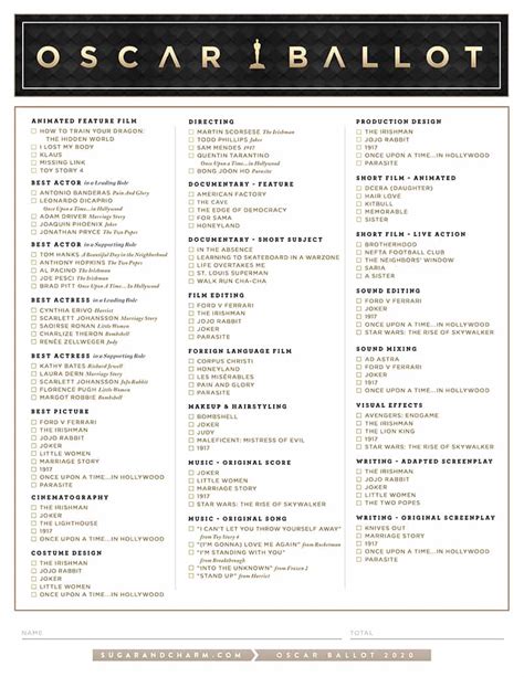 Printable Oscar Nominations 2024