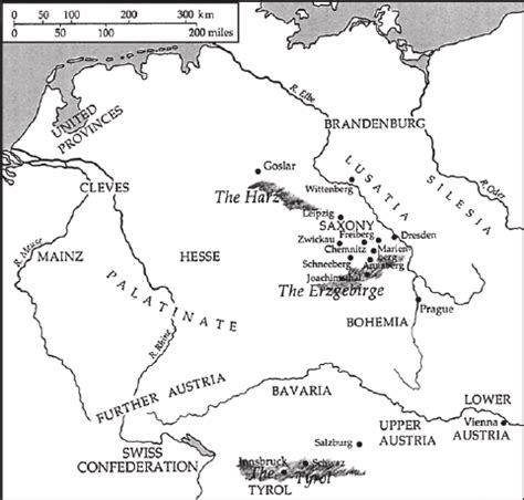 Map of Central Europe about 1600. Note the location of Zwickau near ...