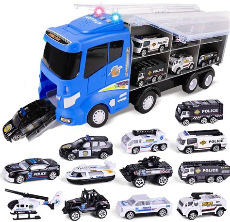 Fun Little Toys 12 in 1 Die cast Police Car Toy, Truck Toy Set in Carrier Truck F 537 Police ...