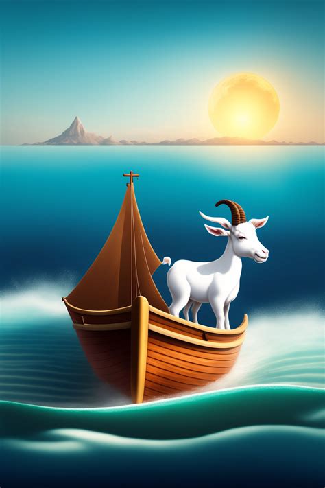 Lexica - Cartoon goat with a boat at sea in the sun