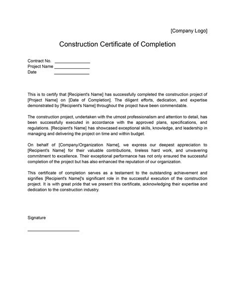 Letter Of Completion Construction