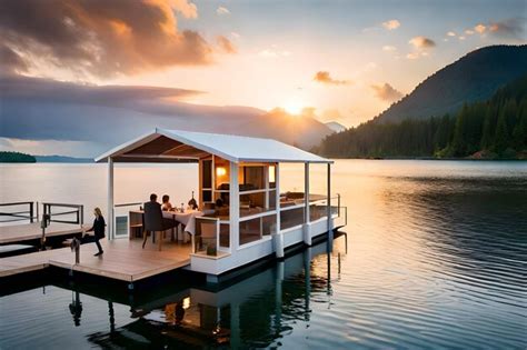 A small house on a lake with a mountain view in the background ...