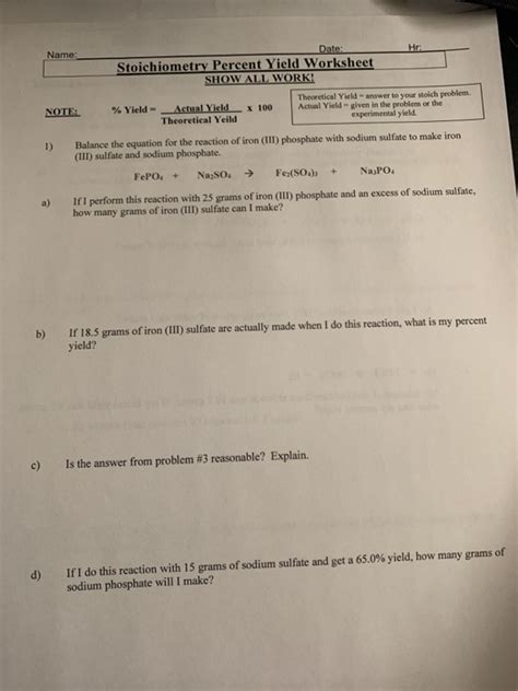 Solved Name: Stoichiometry Percent Yield Worksheet SHOW ALL | Chegg.com