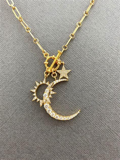 Large sun Moon Star Necklace Celestial necklace Gold moon | Etsy