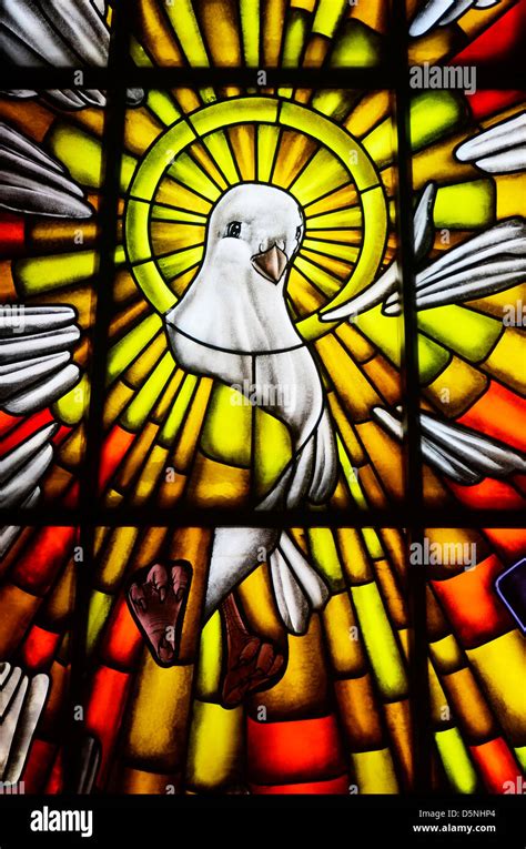 Stained glass of white dove in a Catholic church, the symbol of the Holy Spirit of God Stock ...