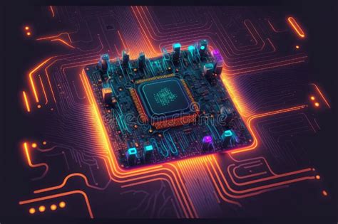 Computer Microchip Semiconductor on Motherboard Futuristic Cyber Neon ...