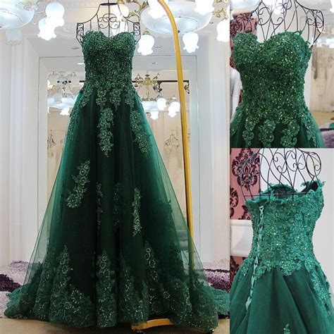 Jade Green Prom Dresses 2016 Lace Appliques Sequins Tulle Evening Gowns Lace Up Open Back ...