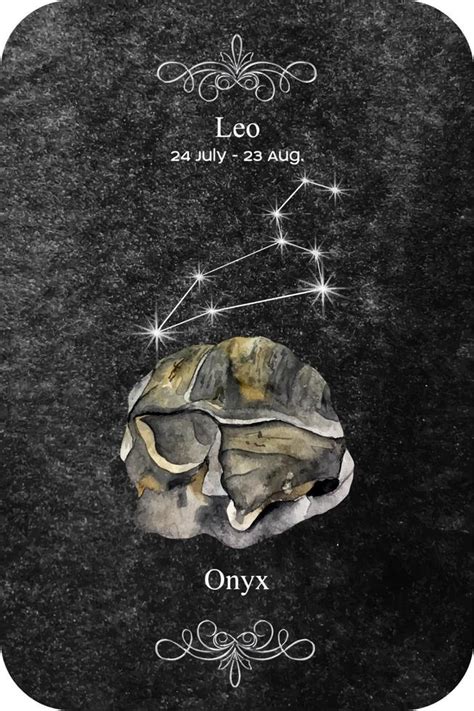 Watercolor zodiac sign Leo with stone Onyx on dark black background. August birthstone Onyx ...