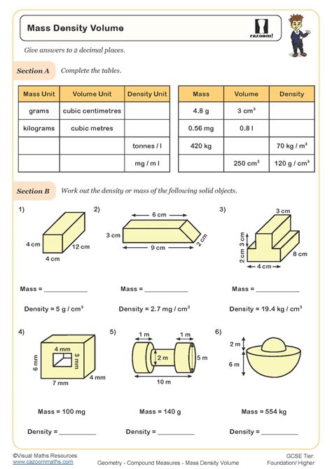 Mass Density Volume Worksheet | Printable Maths Worksheets