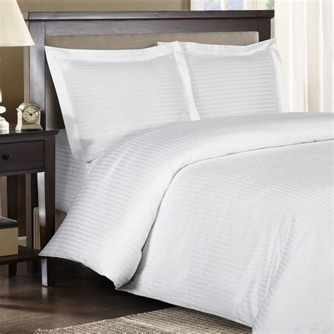 600 Thread Count Duvet Cover Set 100% Cotton Sateen Damask Striped - Full/Queen - White ...