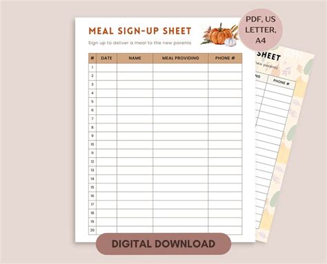 Meal Sign up Sheet, Fall Meal Train Signup Sheet Printable, Food Signup, Feed the Parents - Etsy